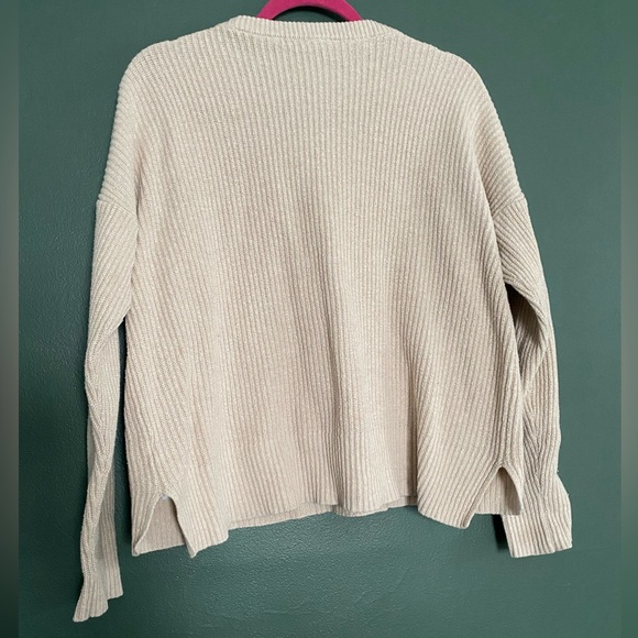 Madewell- cotton blend crewneck boxy fit cream beige ribbed sweater front pocket - Picture 9 of 12